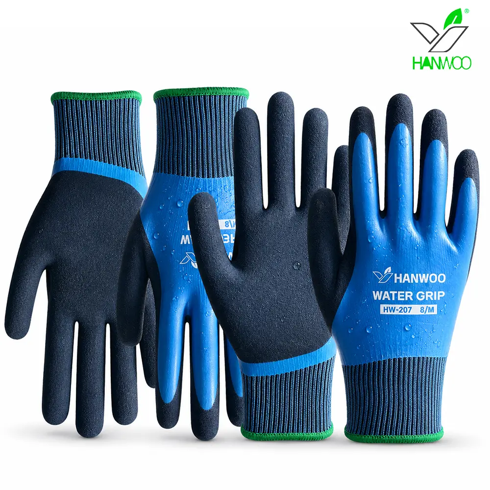 HANWOO 2 Pairs Waterproof Work Gloves, WATER GRIP Safety Gloves, Non-Slip Coated Work Gloves for Men & Women, Gardening, Car Wash & Outdoor Work