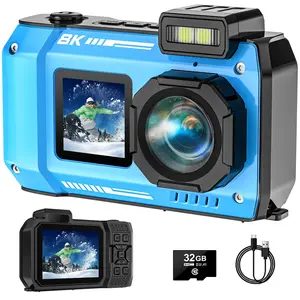 8K UHD Underwater Camera 33FT Autofocus 70MP Rugged Dustproof Shockproof Digital Camera Waterproof Camera Dual-Screen Selfie Underwater Photograph Camera with 32GB Card Blue