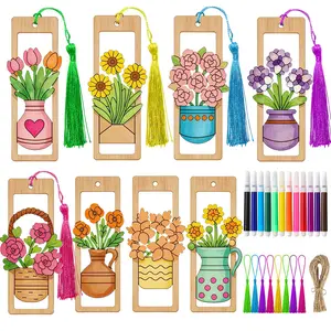 Wooden Floral Bookmark Set, Book Accessories, Includes 8 Strings, 8 Wooden Flower Blocks, 8 Tassels, 12 Colorful Pens, DIY Decoration Supplies