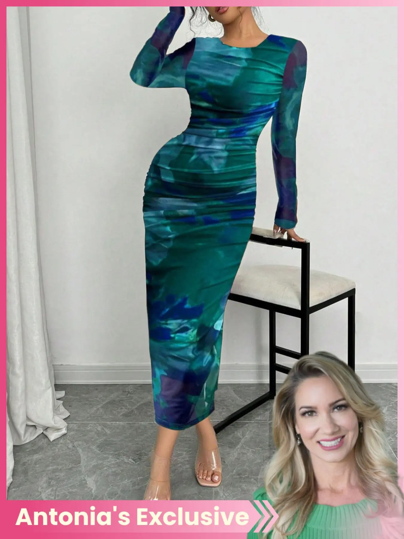 Women's Tie Dye Print Ruched Bodycon Dress, Elegant Chic Aesthetic Style  Long Sleeve Round Neck Dress for Party Holiday Wedding Guest, Ladies Fall  Clothes, Womenswear - TikTok Shop