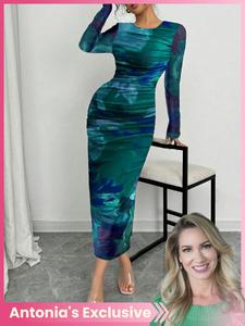 women's tie dye print ruched crewneck bodycon dress, elegant chic longsleeves round neck dress for party holiday wedding guest, ladies fall clothes, womenswear, stylish elegant formal dresses women