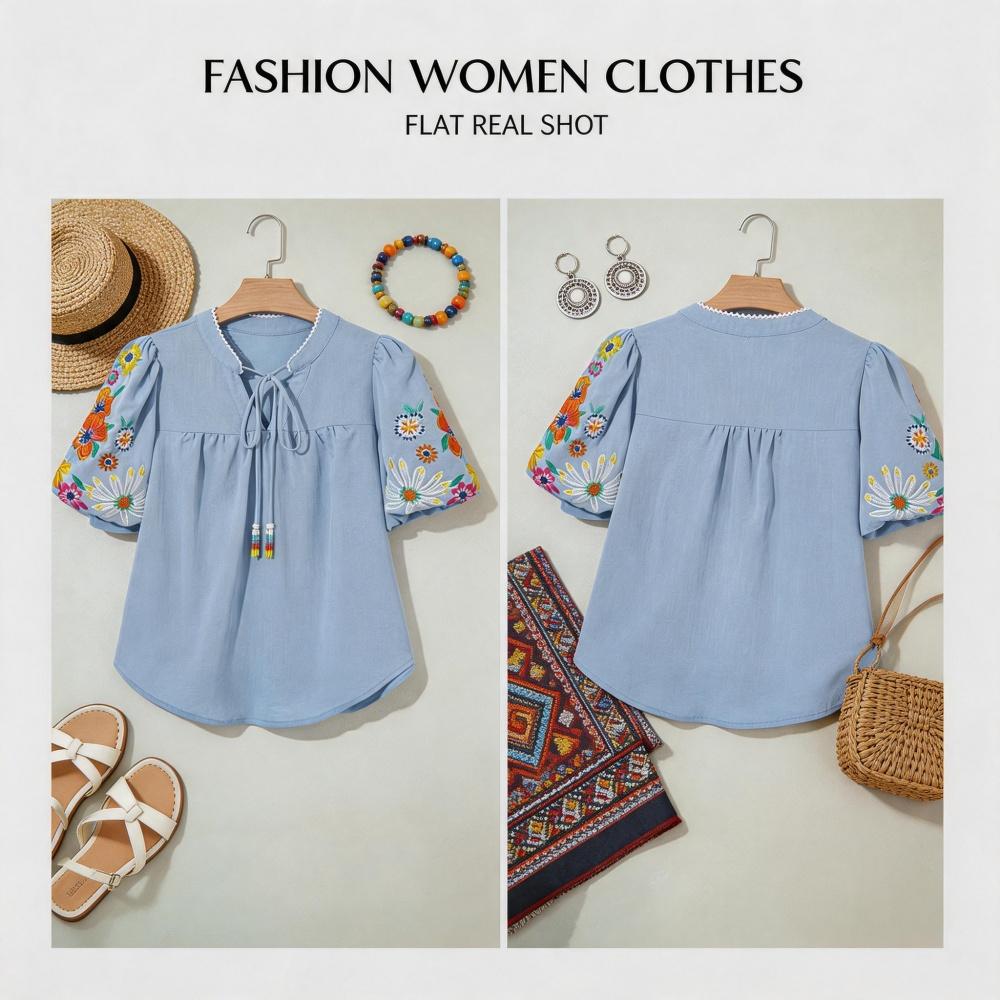 Women's Boho Floral Embroidered Blouse - Feminine V-Neck Tassel Tie Puff Short-Sleeves Crinkle Crepe Summer Shirt with Style Inspo