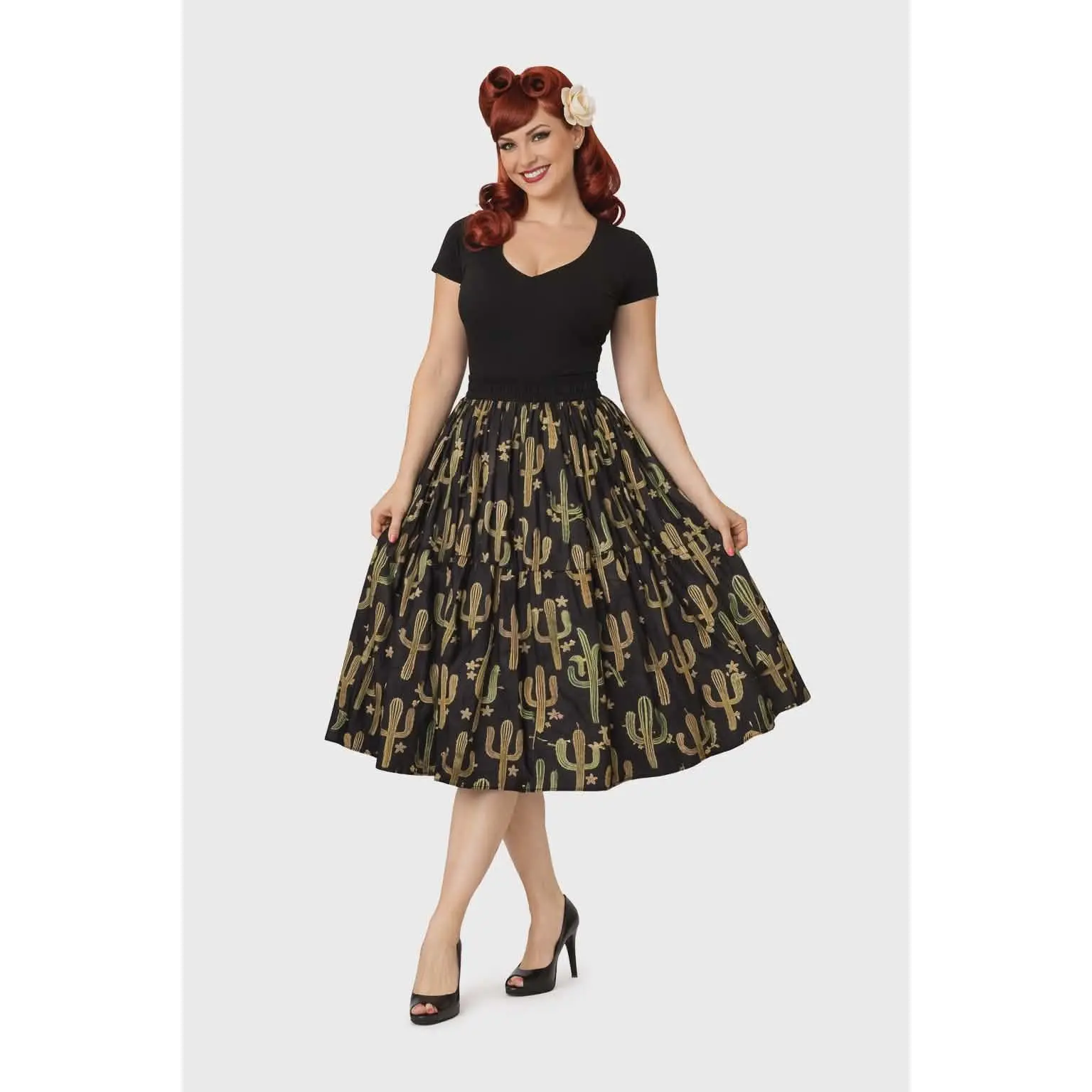 Women's Retro Elastic Vintage Cactus Print High-Waist A-Line Circle Swing Skirt - Rockabilly Style for Dancing, Festivals, Everyday, Western, Circle Skirt, Casual, Lightweight, A-Line Skirt