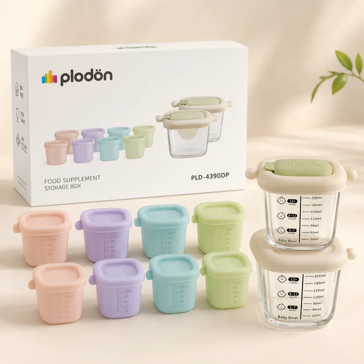 Plodon Baby Food Storage Containers Set, 8 Silicone Portion Cups with Lids & 2 Glass Baby Bowls, 50ml Mini Freezer Cups and 200ml Food Jars, BPA-Free, Leak-Resistant, Stackable Meal Prep Set