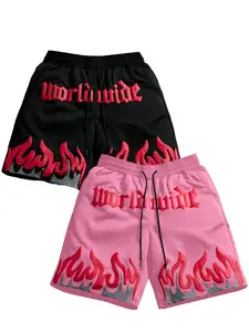 Viral Men's/Women's Flame Print Shorts, Gothic "Worldwide" Letter Design, Drawstring Waist Baggy Shorts in Black/Pink, Y2K Streetwear for Skate & Daily Wear TikTok Must Have