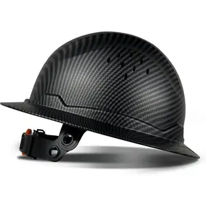 Carbon Fiber Full Brim Safety Hat Vented, 6-Point Suspension Industrial Hat with Chin Strap, Construction Work Hat Men & Women, 6-Point Susp.