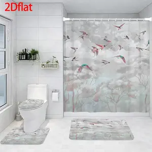 4-Piece Bathroom Sets Full Set Watercolor Swallow Bird Pattern Four-Piece Curtain Set Elegant Decor Shower Bath funny Accessories U-Shaped floor Seat Cover Cushion Toilet Lid Rug Carpet Non-Slip  Shape Mat Gifts Style toilet waterproof