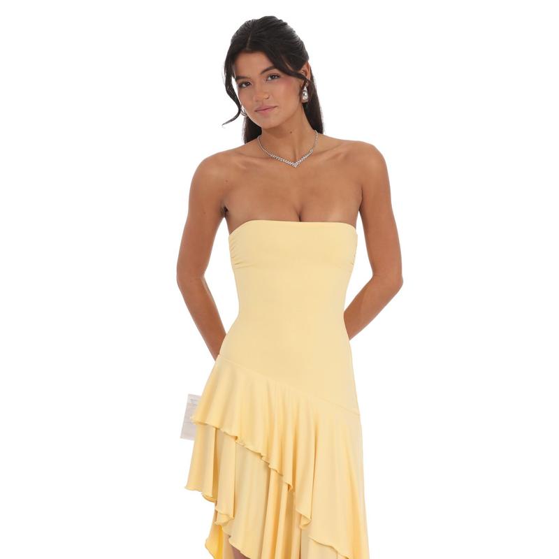 Lucy in the Sky Strapless Ruffle Asymmetrical Maxi Dress in Yellow