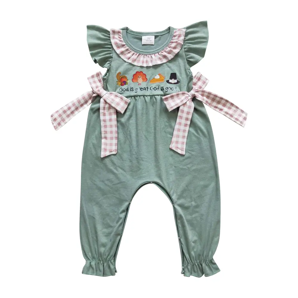 SR0438--god is great vingl Turkey checkered green short-sleeved romper