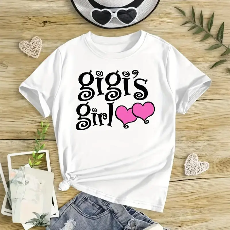 Comfortable Gigi's Girl Classic Cotton T-Shirt For Girls, Cute Cartoon Print Short Sleeve Round Neck Tee, Soft Skin-Friendly Casual Children's Clothing, Versatile Spring Summer Autumn Daily Wear, Ideal Gift For Little Girls