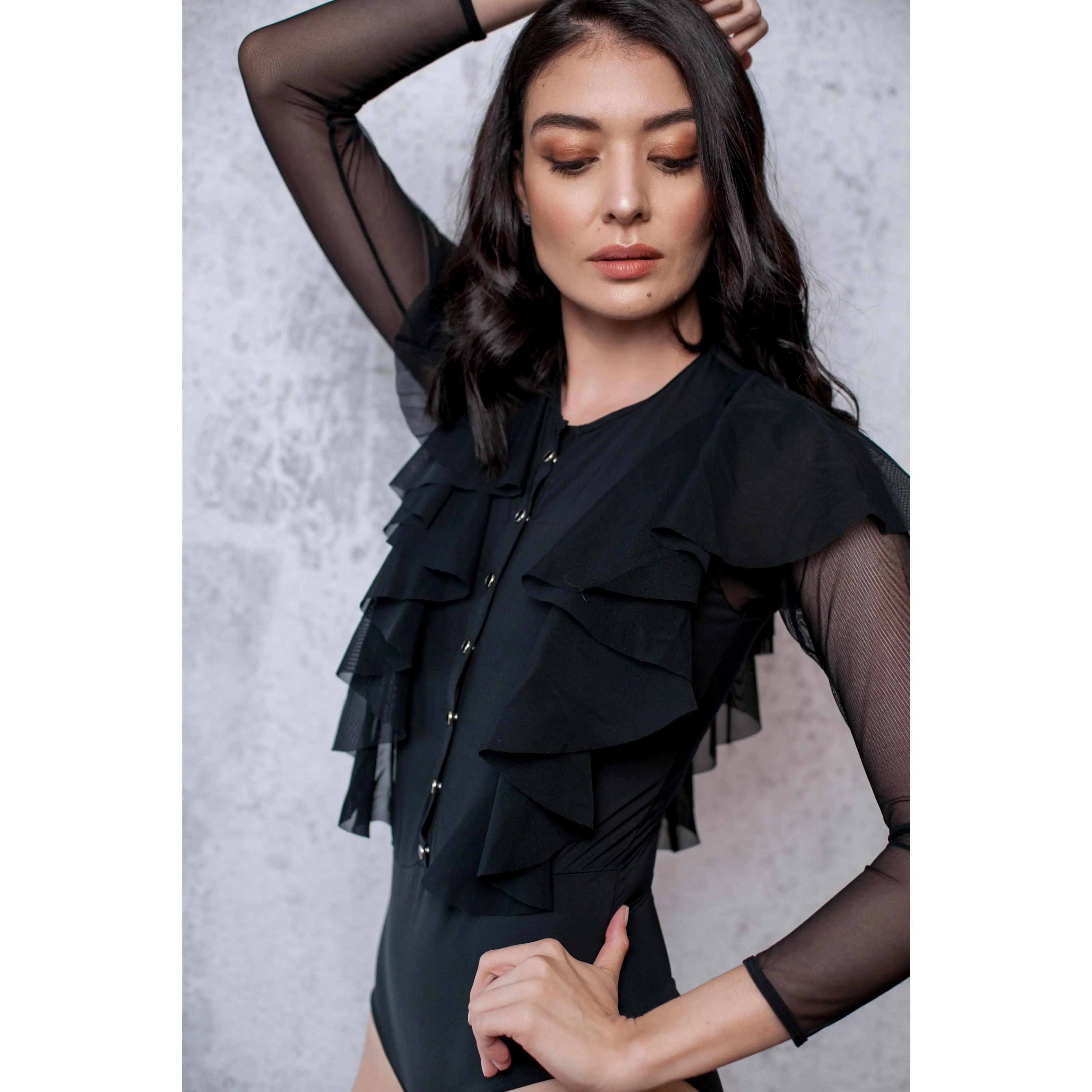 Waterfall Ruffle Bodysuit with Transparent Mesh Sleeves