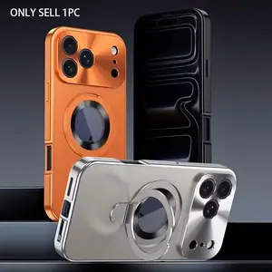 Magnetic All-Metal Aluminum alloy Cover for iPhone 17 16 15 14 13 12 Pro Max, 17 Air Creative bracket Ring holder Stand Phone Case, Double sided protection for iPhone 17 pro with Privacy Tempered Glass And Alloy Frame, Support wireless charging, Phone