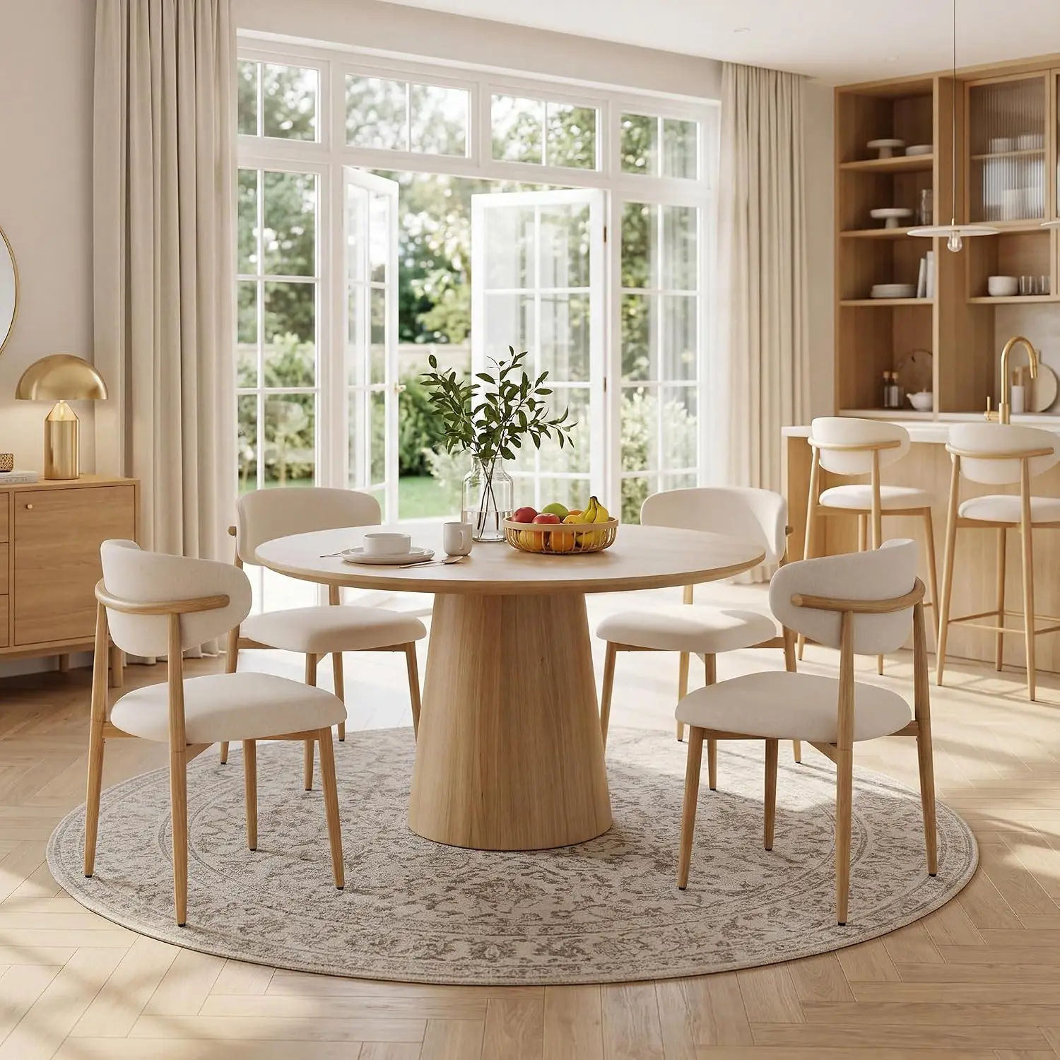 Dining Chairs Set of 4, Linen Upholstered Side Chairs with Curved Ergonomic Backrest & Oak Grain Metal Legs, Mid-Century Modern Farmhouse Chairs for Dining Kitchen Living Room, Beige