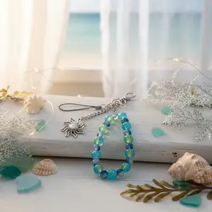 Blue Blue Green Glass Beaded Phone Charm with Sun Charm Wristlet Keychain and Bag Accessory for Stylish Accessories