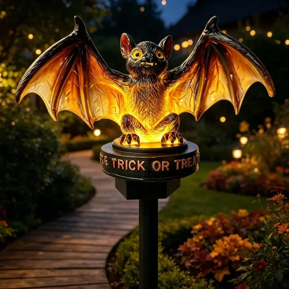Solar-Powered Halloween Bat Garden Stake Light, LED Glowing Wing Waterproof Resin Figurine, Spooky Outdoor Ornament for Pathway & Haunted House Trick-or-Treat Decor