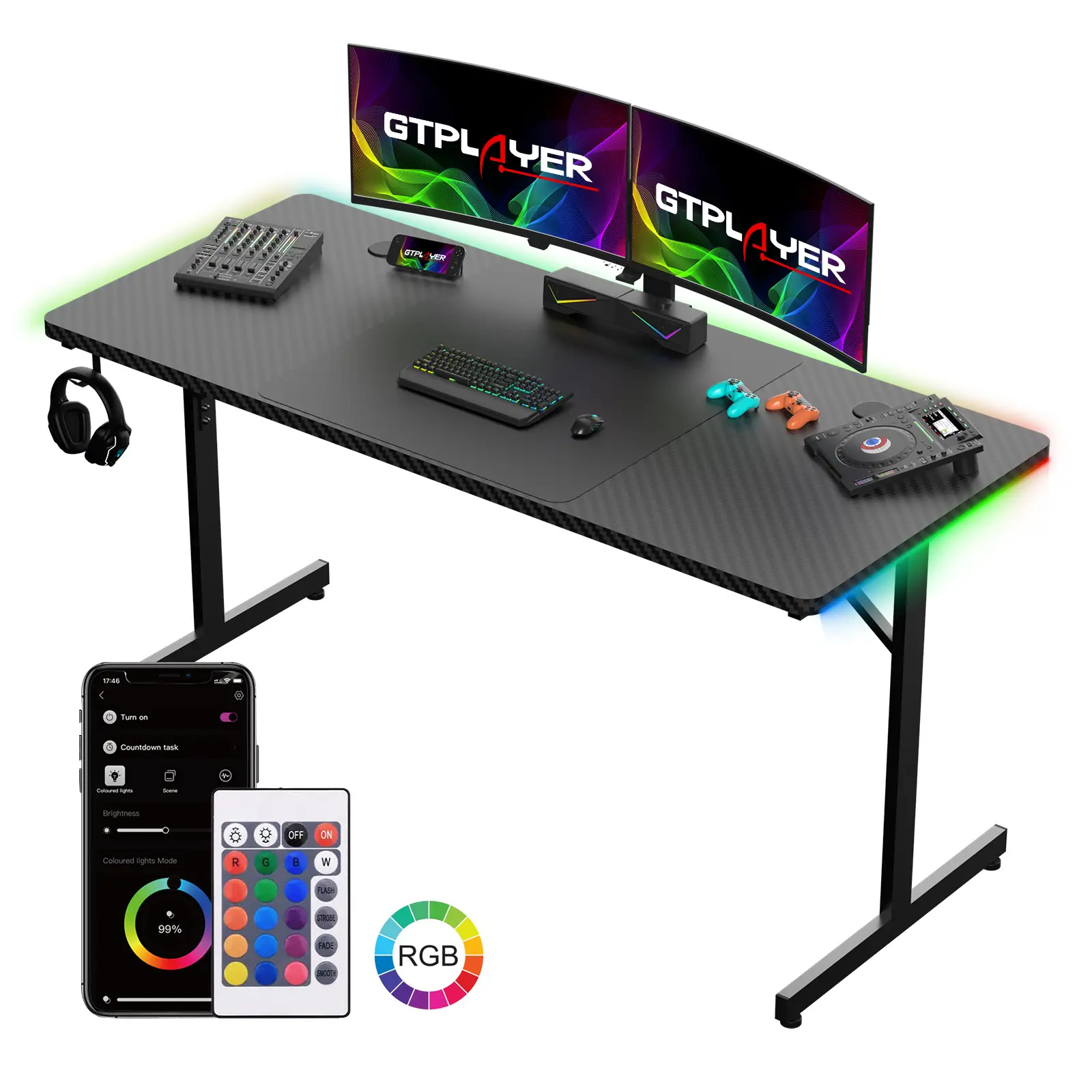 GTPLAYER 55" Large RGB Gaming Desk, T-Shaped Office Desk, RGB lighting can be APP controlled,Spacious Work Surface Table, Easy to Assemble Adjustable