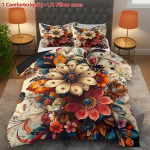Bohemian Vintage Floral Pattern Bedding Set, Reversible Digital Print, Polyester Filling, Soft Breathable, Includes 1 Duvet Cover and Pillowcases