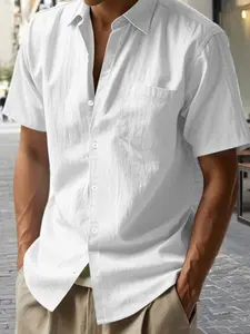 Men's Linen Solid Color Button-Up Short Sleeve Shirt for Summer, Breathable & Comfortable Casual Beach Style, Versatile Relaxed Fit for Active Lifestyles