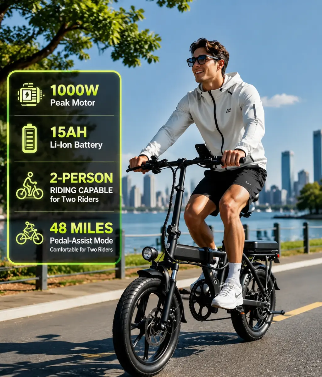 14-Inch Mini Folding Electric Bike - 1000W 48V Portable Compact E-Bikes with Removable Battery, 40-Mi Range for Urban Commuting gravel