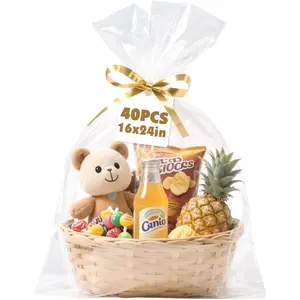 40 count Cellophane Bags, 16 x 24 Inchs Cellophane Wrap for  Baskets, Durable Cellophane  Bag, Clear Basket Bag - Complimentary 40 count Golden Twist Ties