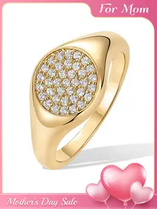 14K Gold Plated Signet Ring for Women - Pinky Ring with Round Cubic Zirconia - Dainty Signet Rings - Trendy Fashion Jewelry