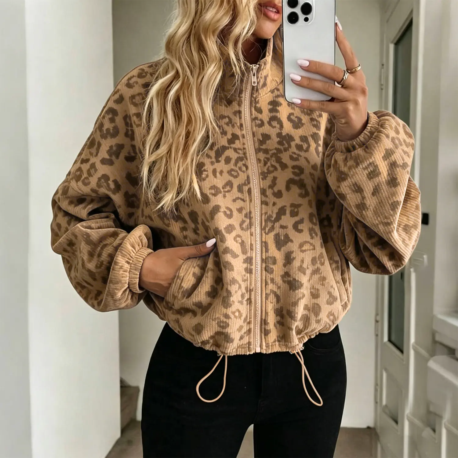 Chicovar Women's Leopard Print Corduroy Jacket, Oversized Cropped Zip Up Jacket with Stand Collar, Drawstring Hem, Puff Sleeve Vintage Sweatshirt for Casual Streetwear, Y2K, School, Fall Winter Outfit,Sohochic