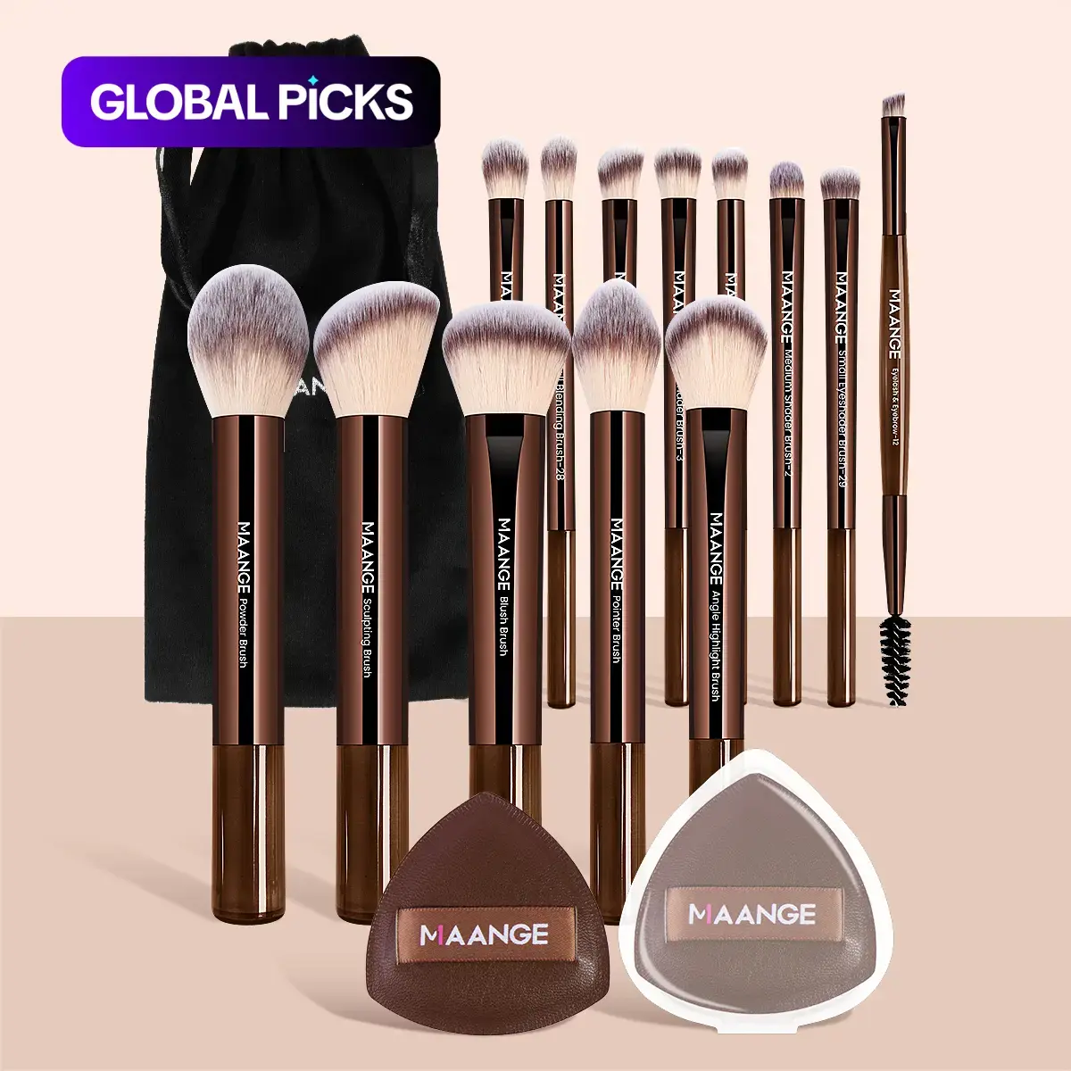 MAANGE Multifunctional Makeup Brush Set with Storage Bag, 13-Piece Makeup Brushes, 2 Powder Puffs and 1 Bag, Professional Soft Makeup Tools for Women, Cosmetic Brush Set #GLOBAL PICKS