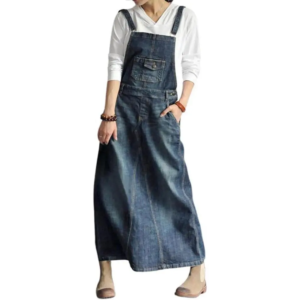 Women's Vintage Adjustable Strap Distressed A-Line Denim Pinafore Bib Dress with Kangaroo Pocket, Matching Tank Top, Blouse & Skirt Set, Retro, Comfy, Soft, Crop, A-Line Flare, Faded Washed