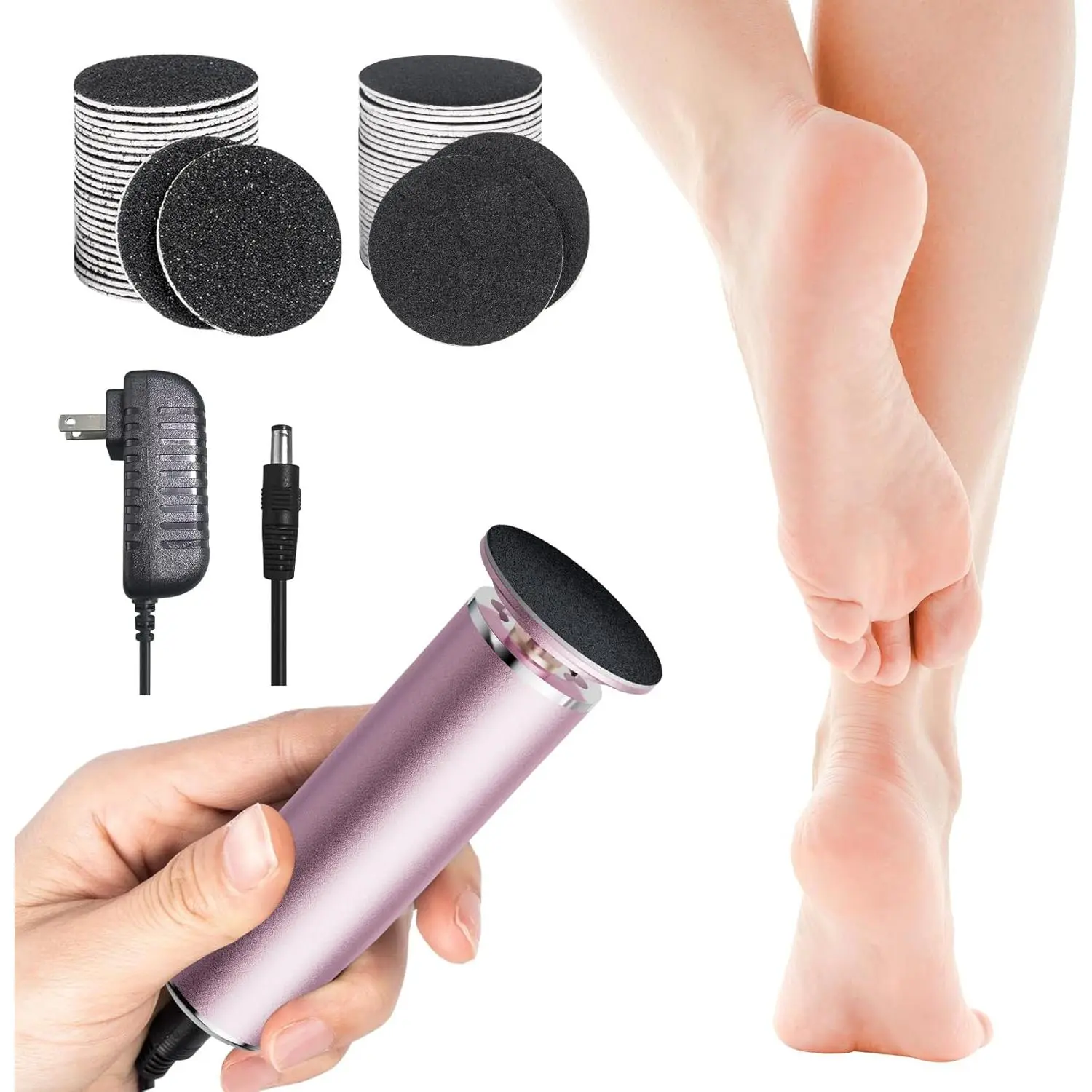 Powerful Electronic Foot File Grinder - Nail Care Tool with 60 Replacement Sandpaper Disks, Callus Shaver for Feet, Dead Skin Remover for Pressure-Applied Treatment on Cracked Hard Skin (for Men & Women)