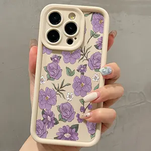 Purple Rose  Pattern Case for iPhone 16 15 14 Pro Max 13 12 11 XR XS Plus Shockproof Full Camera Protection Durable slim Silicone Cover Gifts for women men girls boys