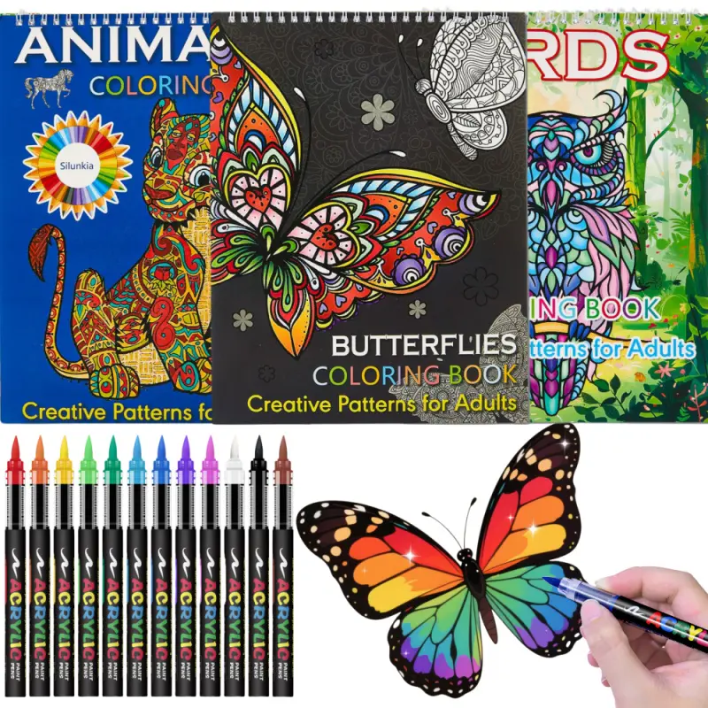Birds Animals Mandala Creative Patterns Butterfly Coloring Book Set - With 12 Colors Acrylic Markers Stress Relief & Relaxation Activity Book,Coloring Books for Adults to Relax and Relieve Anxiety - Top Spiral Binding is Easier to Use
