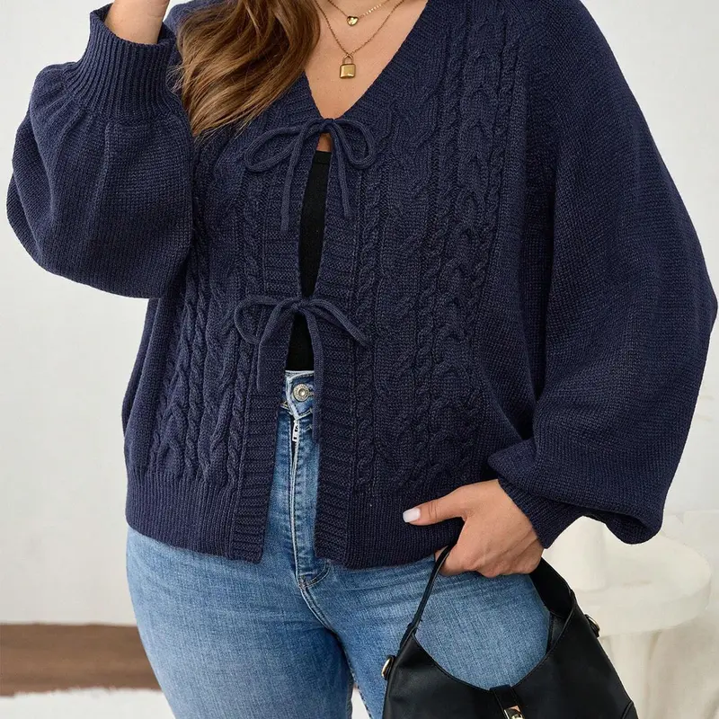 Plus Size Women's Blue V Neck Knit Cardigan Knitwear, Casual Long Sleeve Pullover, Fall & Winter Fashion, Comfortable Plain Design