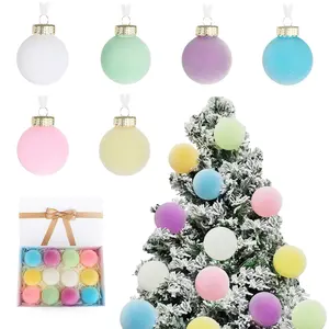 Pastel Christmas Ornaments Frosted Candy Texture Balls Velvet Baubles Flocked Tree Ornaments Candyland Rainbow Colors Pink Blue Yellow Green Shatterproof 12 Pack Festive Decor Quality Plastic Easy to Hang for Tree Decorating and DIY Decorations