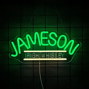 WonderfulLife Whiskey Neon Sign for Jameson in Bar Pub Man Cave or Party, Led Light Suitable for Garage Decor or Business Display, USB Powered Easy Hanging.