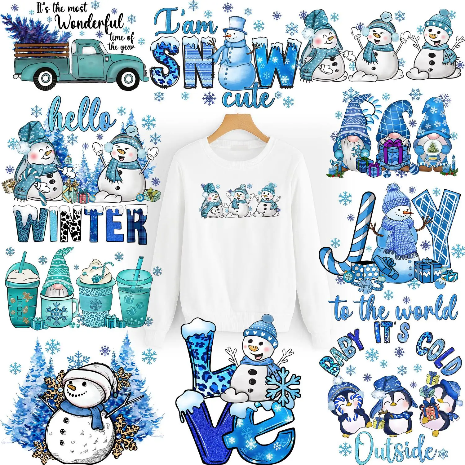 Christmas Snowman Pattern Sticker Patches, 10pcs/set Heat Transfer Stickers for T-shirt, Jeans, Backpack & Hat Decor, Iron On Sticker Patches for Chri