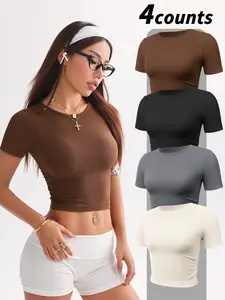 HIJESSE Women's Ribbed Crew Neck Short Sleeve Crop Top, High Elastic & Form-Fitting, Slim Fit Casual Basic Tee for Everyday Wear, Streetwear & Yoga