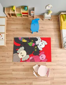 Colorful Kaws Style Rug with Pop Art Companion Figures on Red Background – Modern Abstract Graffiti Carpet for Home or Studio