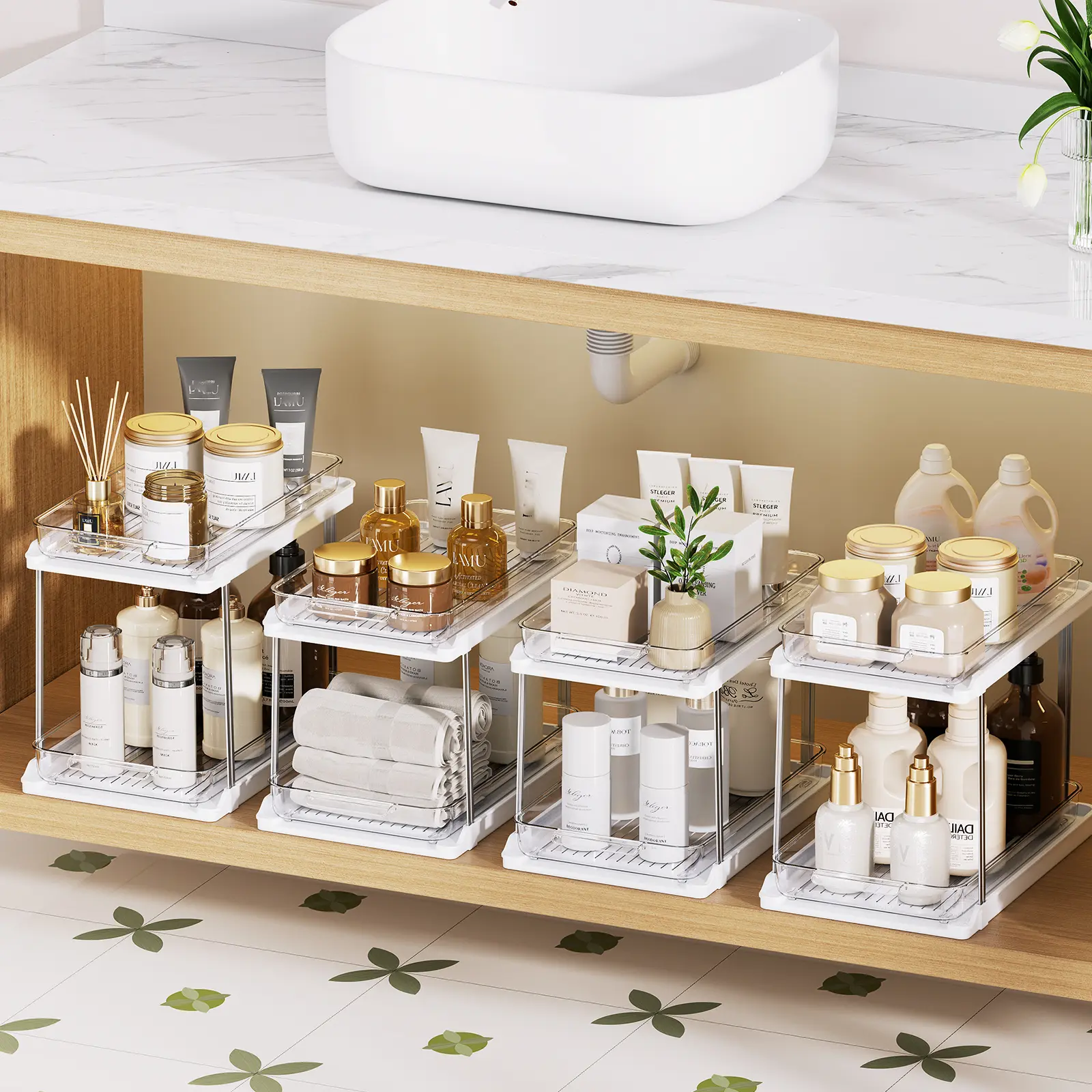 DELAMU 4-Pack Rectangular 2-Tier Multi-Layered Storage Racks, Stackable Pull-Out Organizers with Movable Dividers for Bathroom Under Sink, Kitchen Pantry