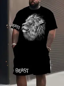 Big Size Beast Style Set, Lion Head Print Short Sleeve Tee & Track Shorts, Trendy Casual Combo, Loose Fit, All Seasons