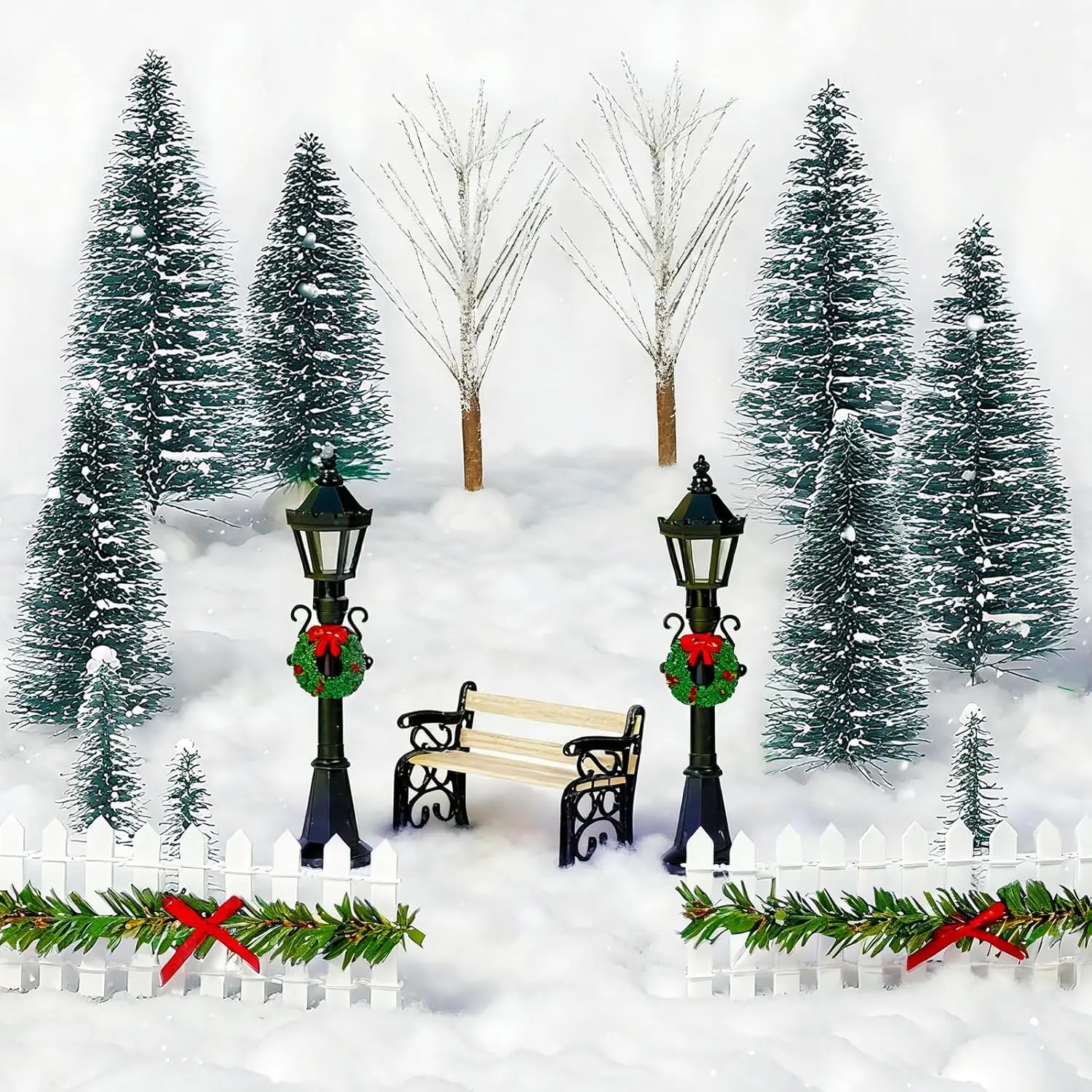 17-Piece Christmas Mini Village Decoration Set, Including Snowy Trees, Wooden Fence, Street Lights, Miniature Park Bench & Snow Blanket for Winter Holiday Window Decor