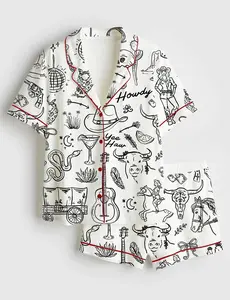Cowgirl Whimsical Style Hand Drawn Western Bachelorette Party Satin Pajama Set, Bachelorette Cowboy Shirt PJS Gift for Fan, Nightwear Pajama