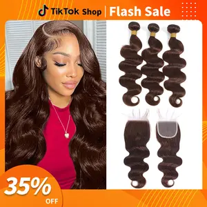 Chocolate Brown Body Wave Bundles with Lace Frontal Glossy Hair Bundles Brazilian Raw human hair bundles 100% Unprocessed Brazilian Virgin Hair Bundles Quick Weave Hair Extension 100% human hair bundles with lace closure and frontal