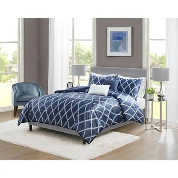 4pc Twin/Twin Extra Long Zara Charmeuse Geometric Print Soft Bedding Set - Navy, Machine Washable, All Seasons Ethnic Geometric Print Bedding Sets Collections