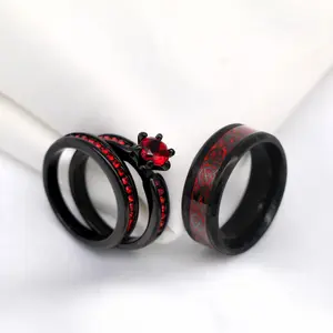 Lvrong 2 Rings His And Hers Couple Rings Red 1CT Cz Rings Womens Wedding Ring Sets Black Titanium Steel Mens Wedding Bands