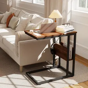 C Shaped End Table, C Shaped Under Couch Slider, Small Wood Under Sofa Sliding Side Table, for Living Room, Bedside, Laptop, Computer, TV Dinner, or Recliner, Walnut