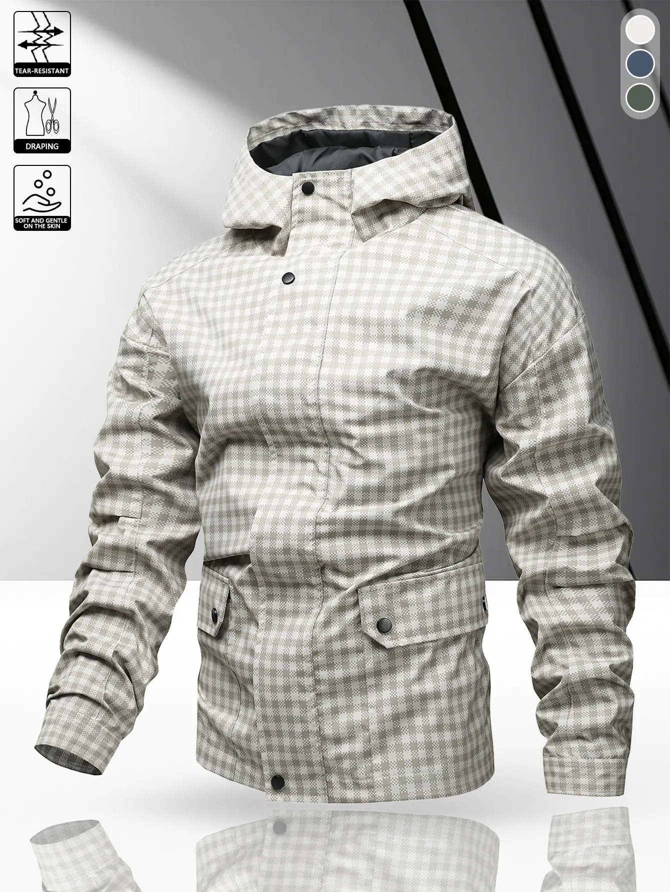 Men’s American vintage plaid hooded jacket with pockets, button closure—suitable for commuting and outdoor activities across multiple scenarios.