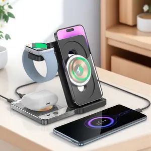 MagSafe-Compatible Wireless Charging Stand for iPhone 15/14/13/12 Pro Max, AirPods & Apple Watch 8/7 – Multi-Device Vertical Magnetic Charger, Portable Desktop Holder, Efficient Solution