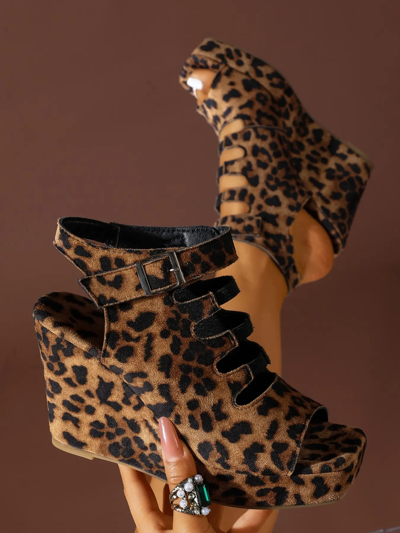 Summer Women's Leopard Print High-Heeled Wedge Sandals, Hollow Out Multi-Buckle Design, Sexy Thick Sole Roman Boots
