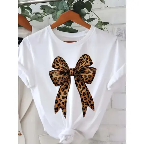 Women's Casual T-Shirt with Leopard Print Bow Graphic, Soft 100% Cotton Short Sleeve Crewneck for Summer, Shortsleeve, T Shirts For Women, Knit, T-Shirt Top Fabric Womenswear