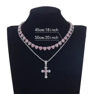 Moissanite Cross Cuban Chain Pendant Necklace Unique Cross Inlay Design Sparkling Brilliant Cut Shining Jewelry Trendy Hip Hop Style Suitable For Daily Wear Nightclub Street Party Banquet Festival For Unisex Fashion Lovers Caucasian Women Men Stylish Stat